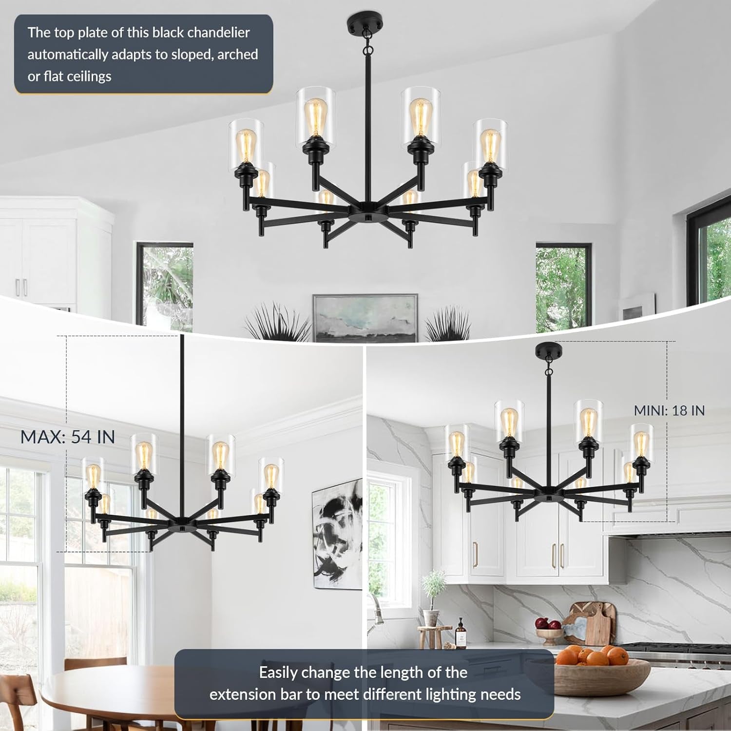 Black 8 Light Chandelier For Dining Room Glass Shades
