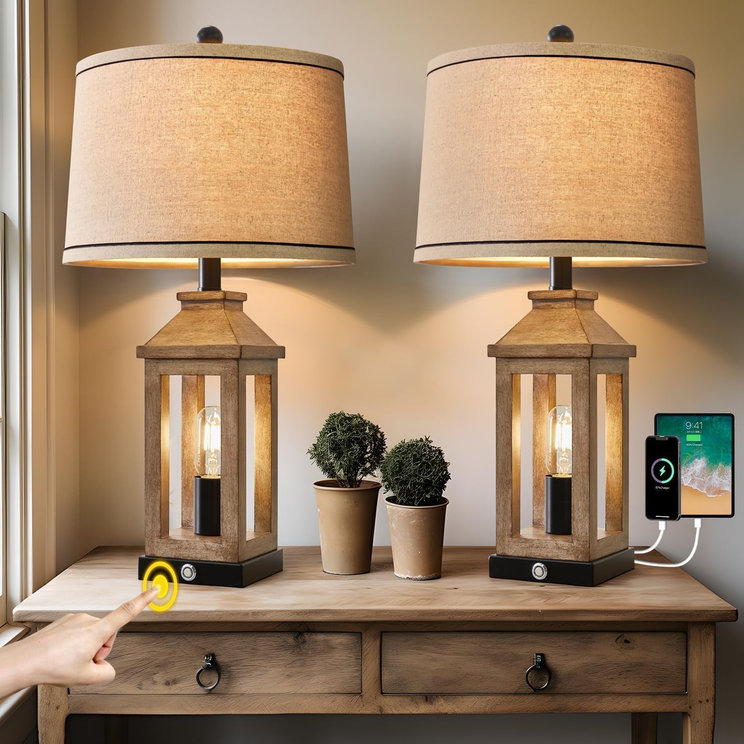 Farmhouse Touch Table Lamps Set of 2 Dimmable USB Ports