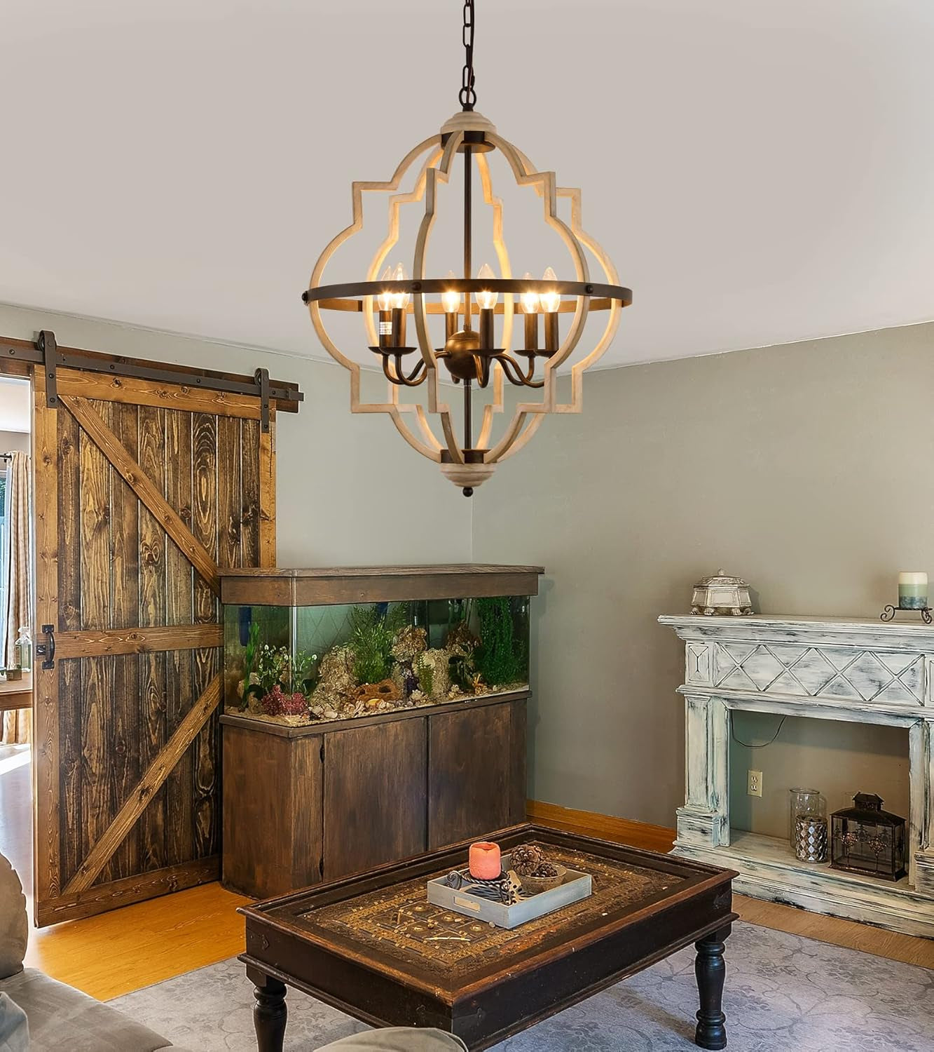 Rustic Antique Orb Chandelier 6 Light Oak White Finish