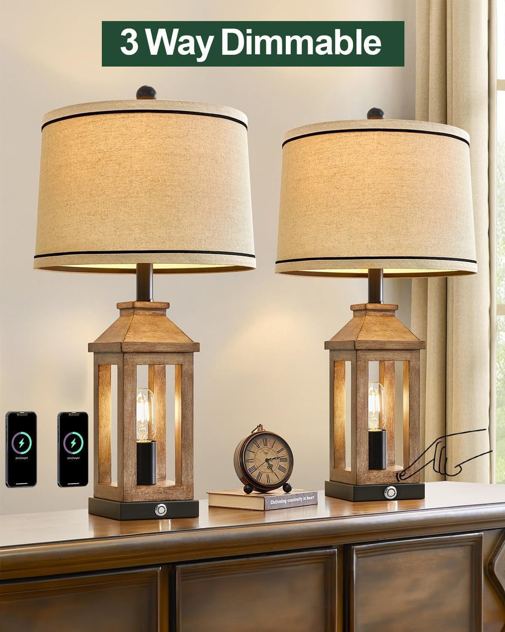 Farmhouse Touch Table Lamps Set of 2 Dimmable USB Ports