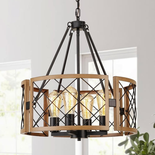 D19 Inch Farmhouse Chandelier 4 Light Pendant Black Oak