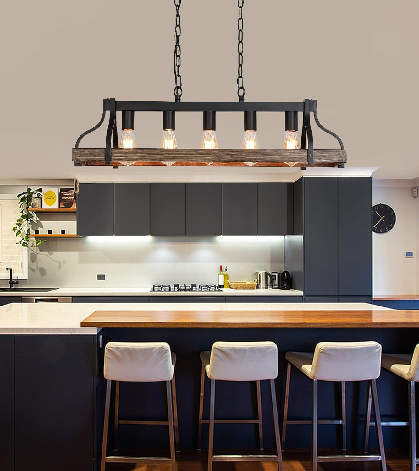 Rustic 5 Light Linear Chandelier Kitchen Island Black