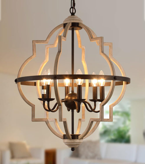 Rustic Antique Orb Chandelier 6 Light Oak White Finish