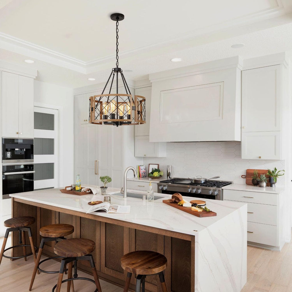 D19 Inch Farmhouse Chandelier 4 Light Pendant Black Oak