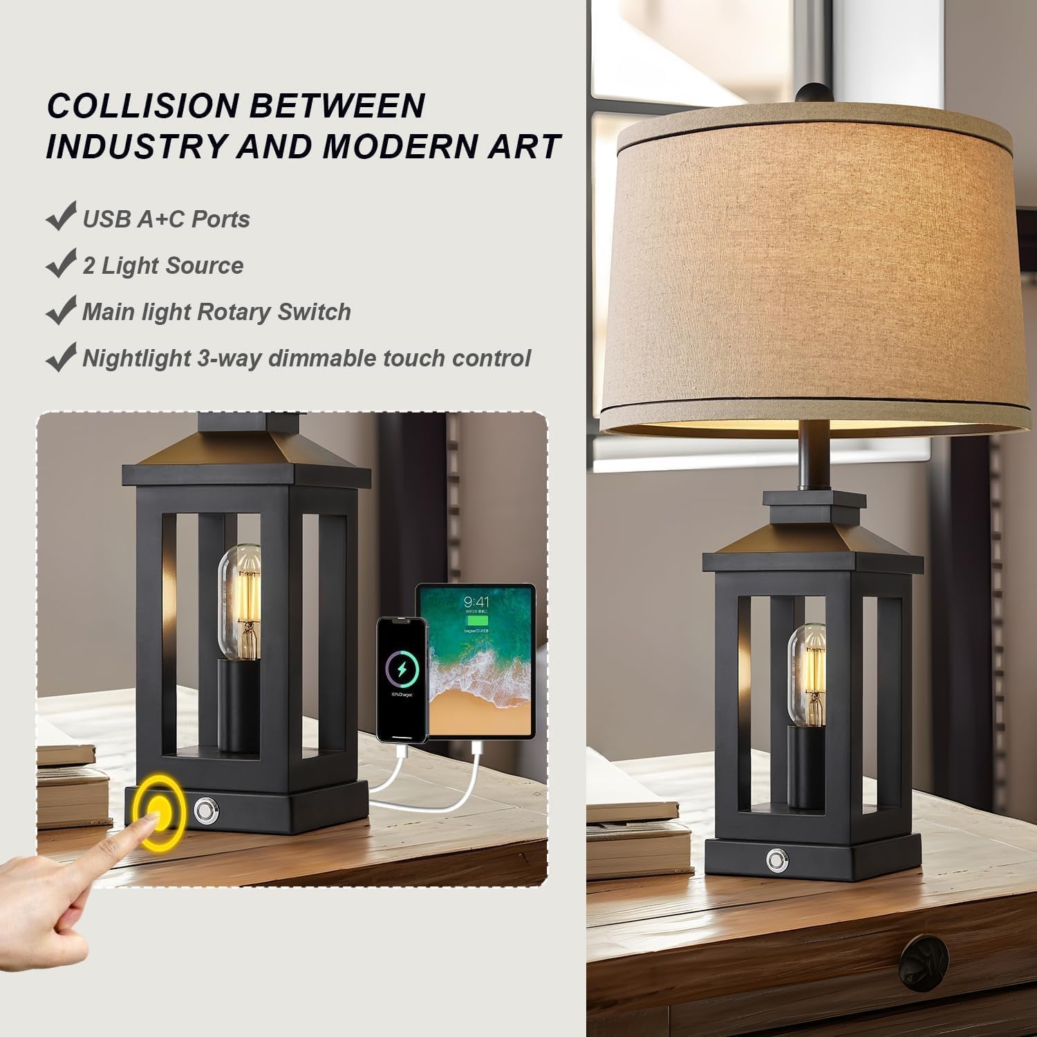 Retro Black Table Lamps Set With Touch Control And USB Ports