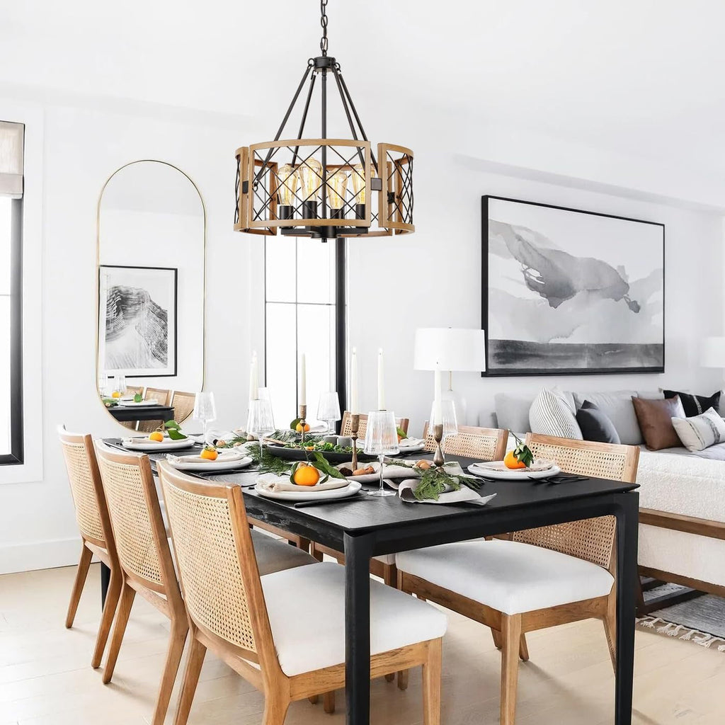 D19 Inch Farmhouse Chandelier 4 Light Pendant Black Oak