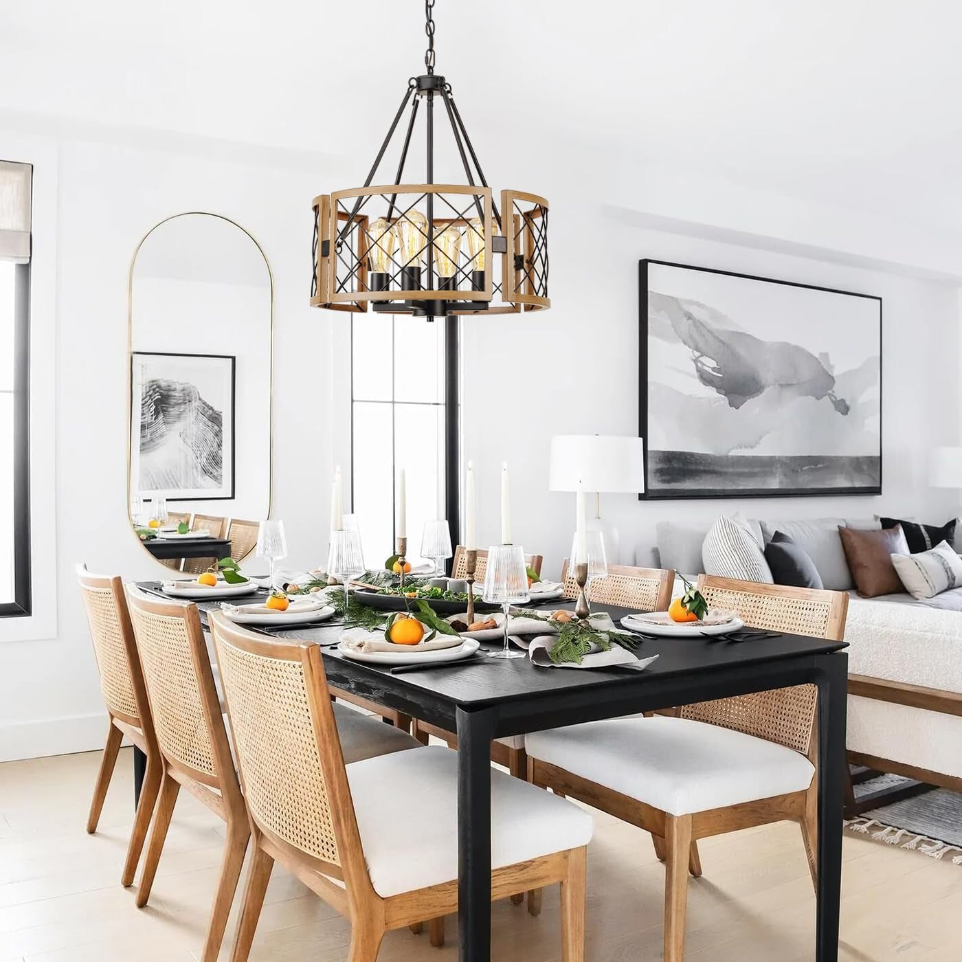 D19 Inch Farmhouse Chandelier 4 Light Pendant Black Oak