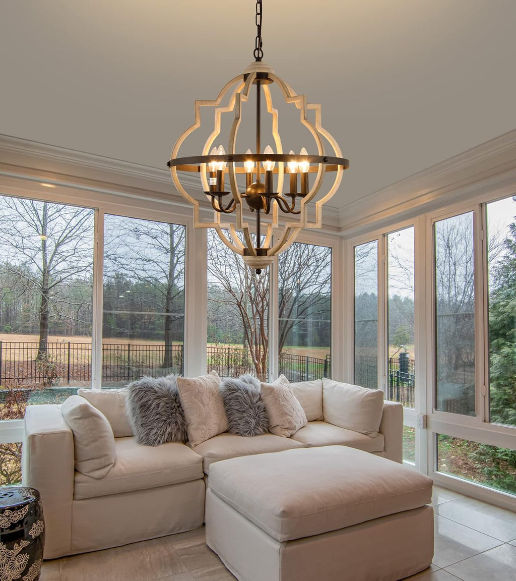 Rustic Antique Orb Chandelier 6 Light Oak White Finish