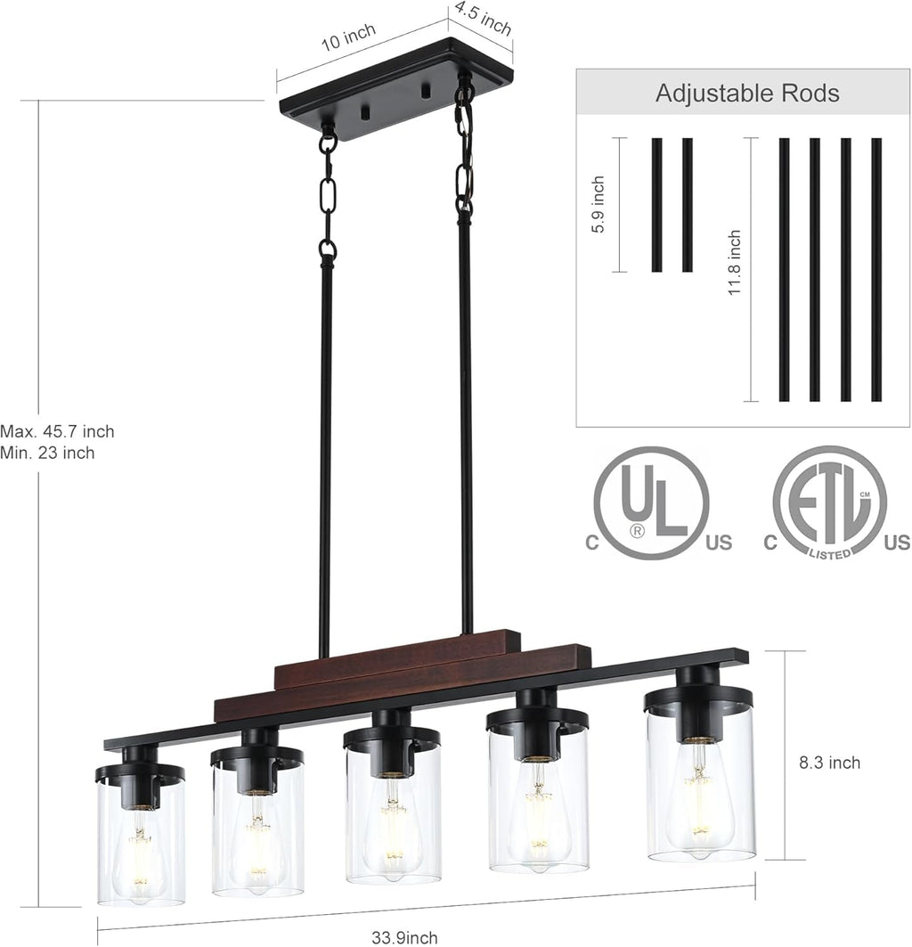 Five Light Farmhouse Linear Chandelier With Rustic Wood