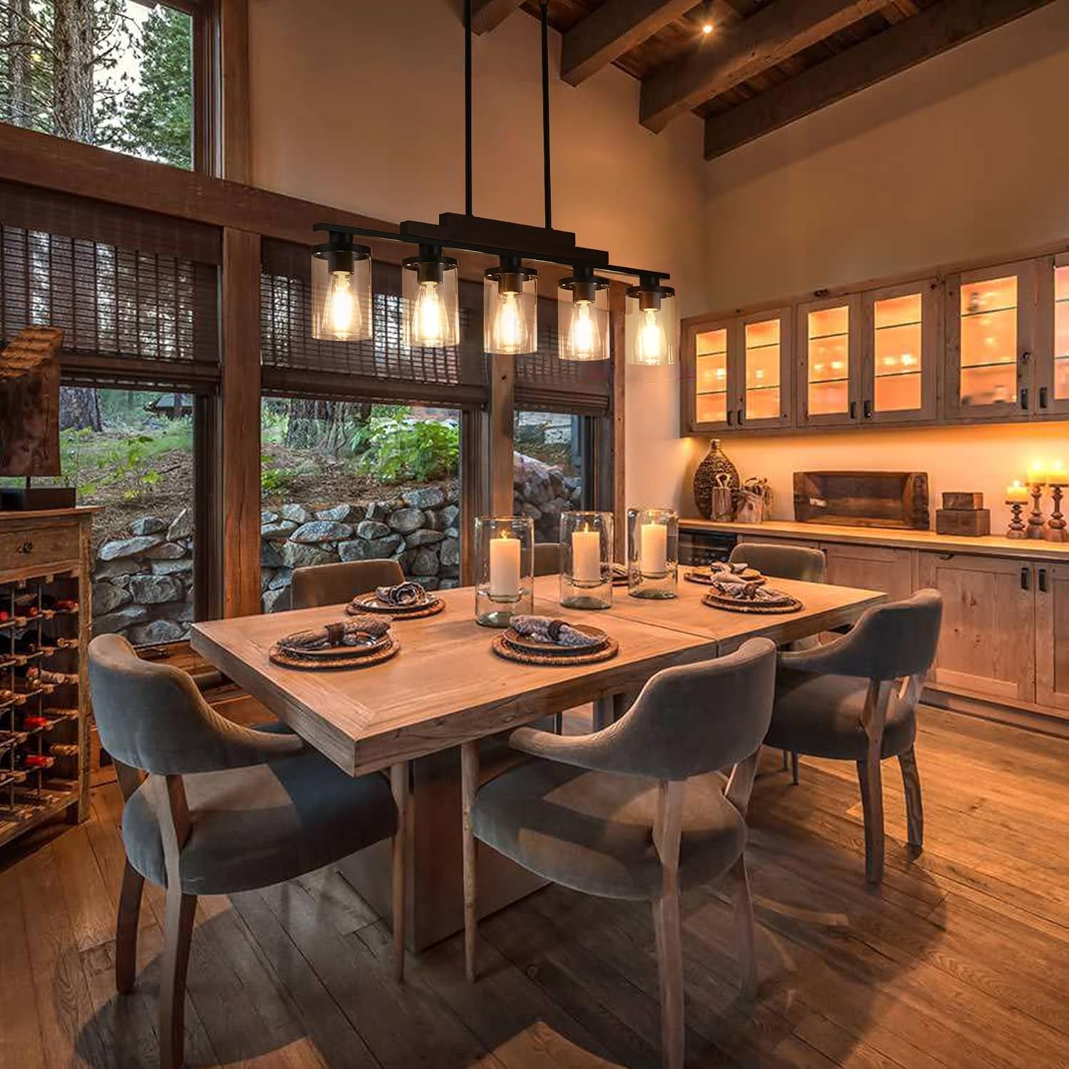 Five Light Farmhouse Linear Chandelier With Rustic Wood