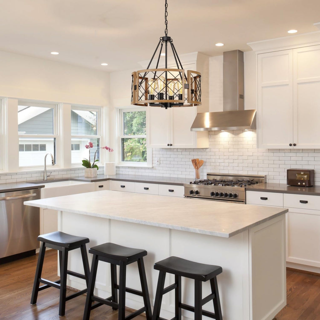 D19 Inch Farmhouse Chandelier 4 Light Pendant Black Oak