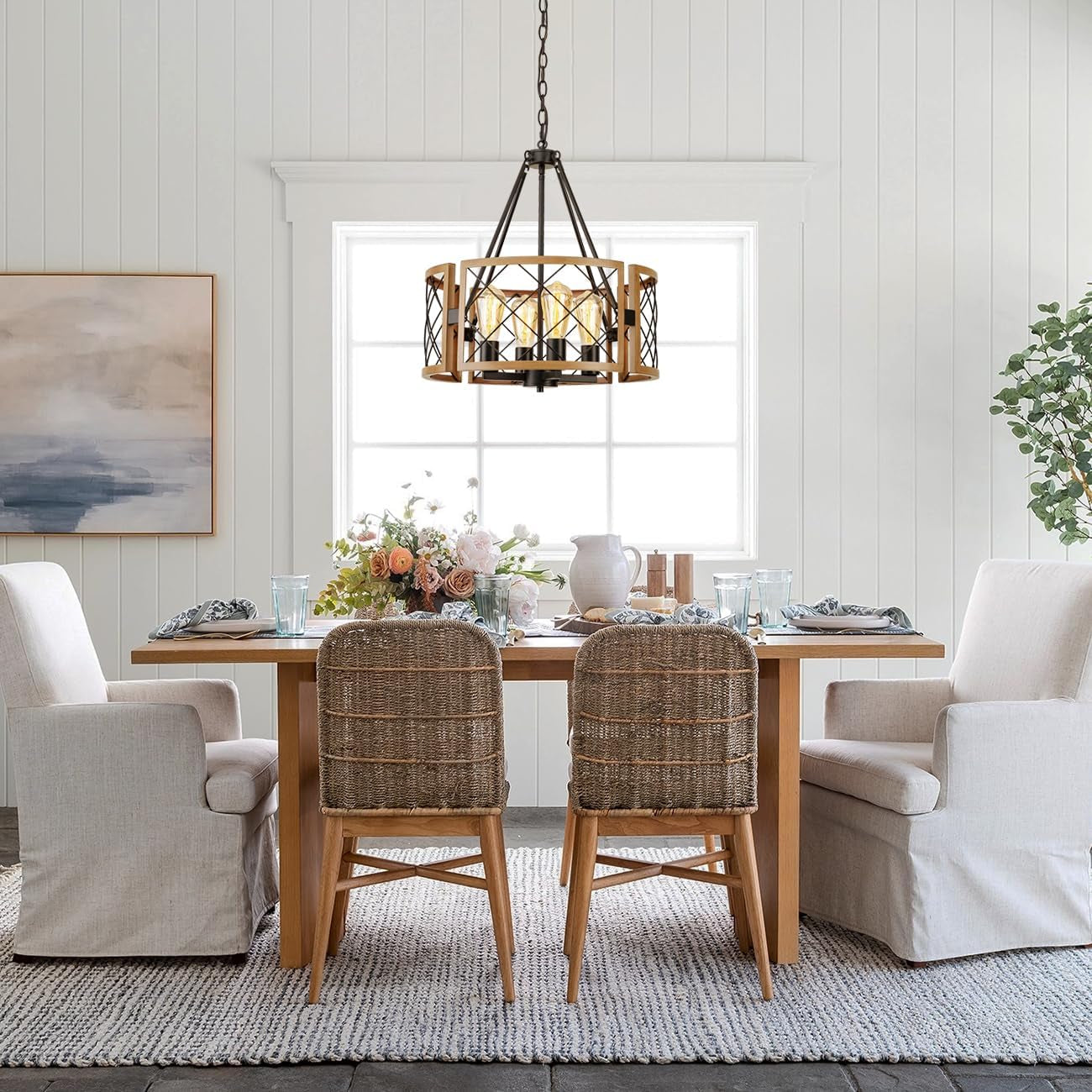 D19 Inch Farmhouse Chandelier 4 Light Pendant Black Oak