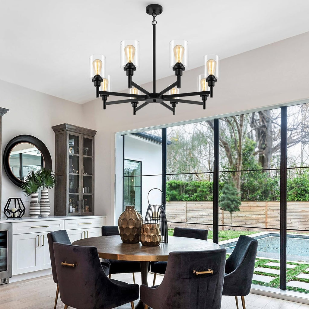 Black 8 Light Chandelier For Dining Room Glass Shades