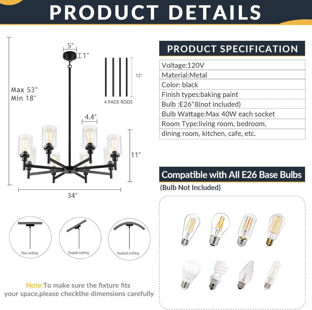 Black 8 Light Chandelier For Dining Room Glass Shades