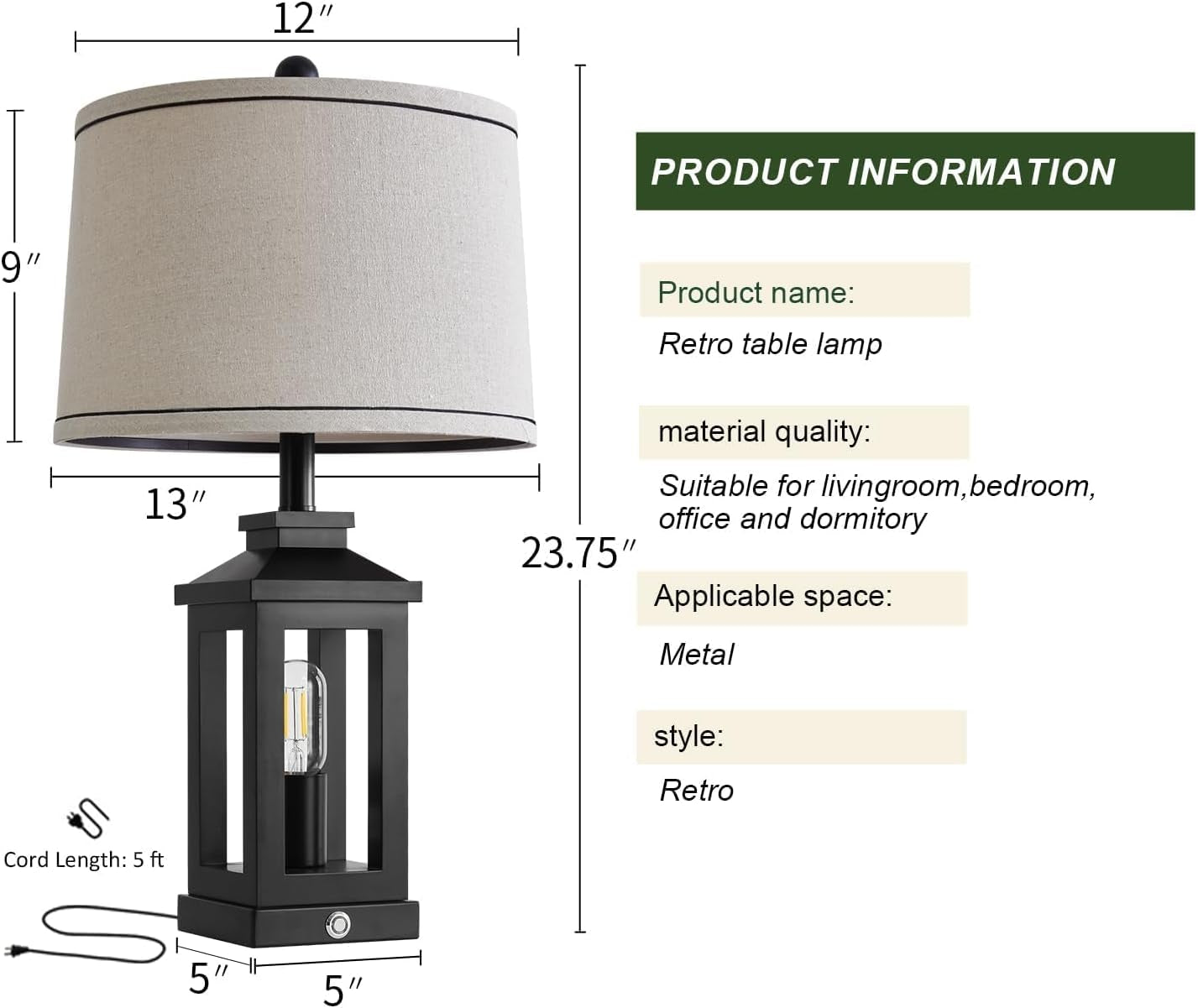 Retro Black Table Lamps Set With Touch Control And USB Ports