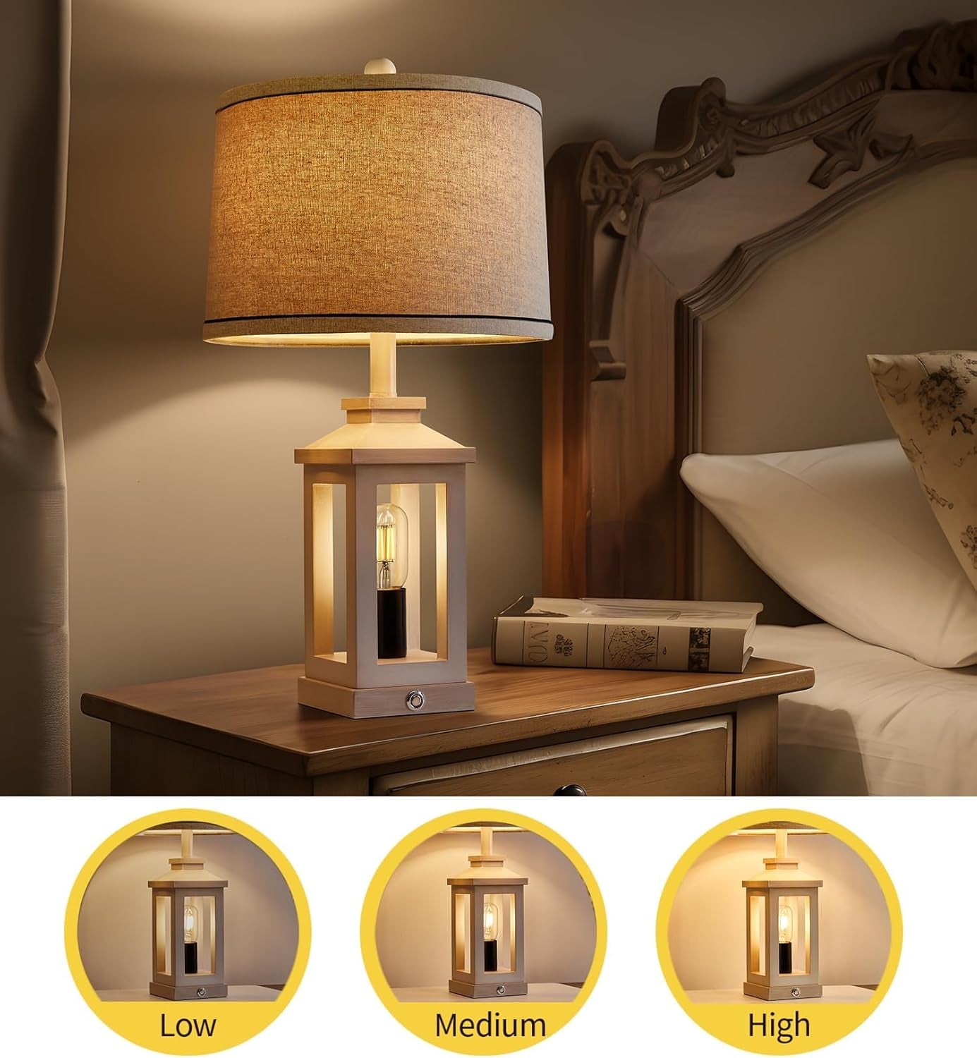White Farmhouse Table Lamp Set With Dimmable Touch Control