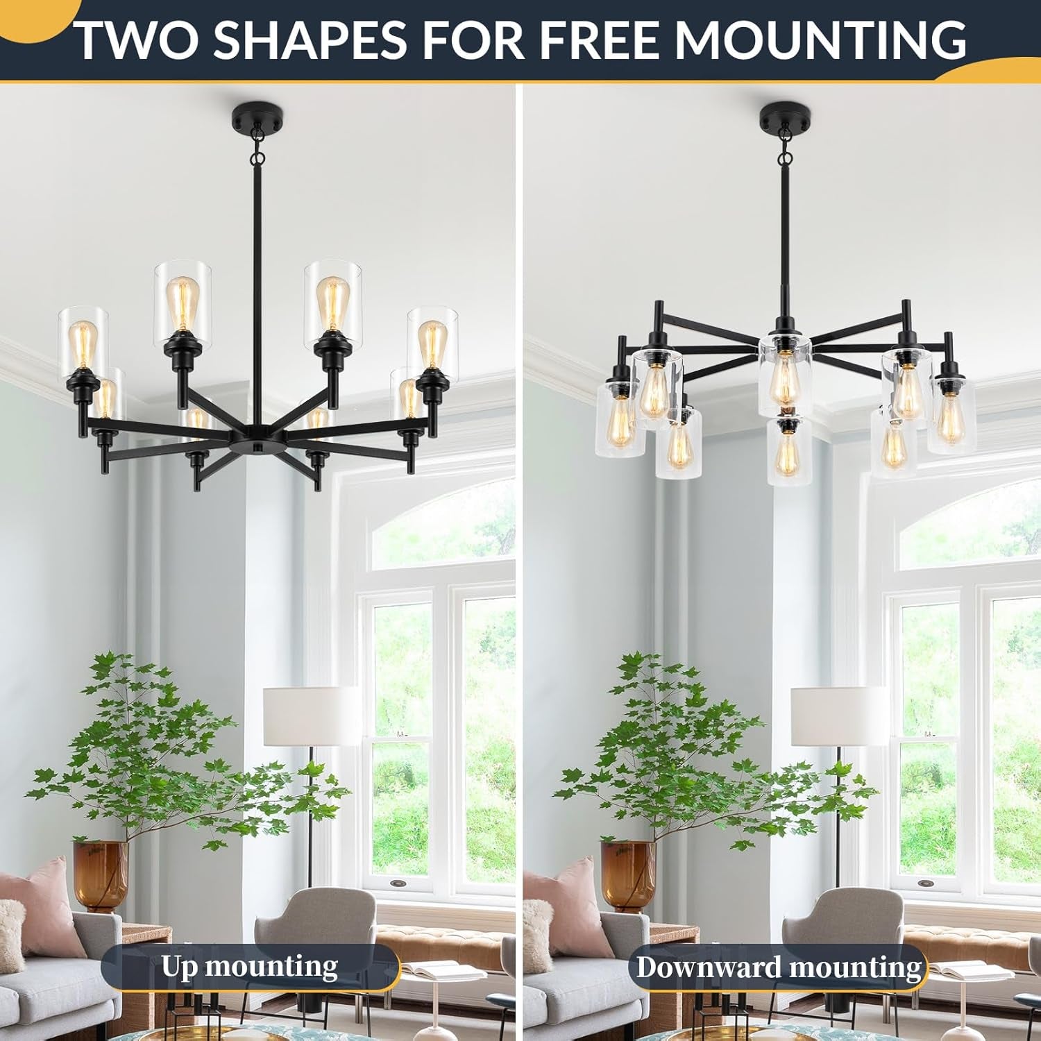 Black 8 Light Chandelier For Dining Room Glass Shades