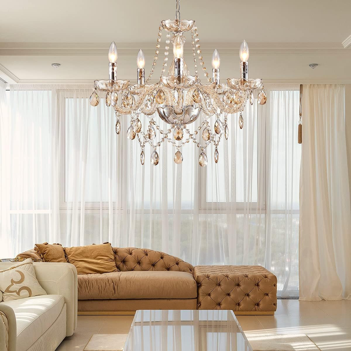 Champagne Crystal Chandelier 5 Light Modern Bedroom