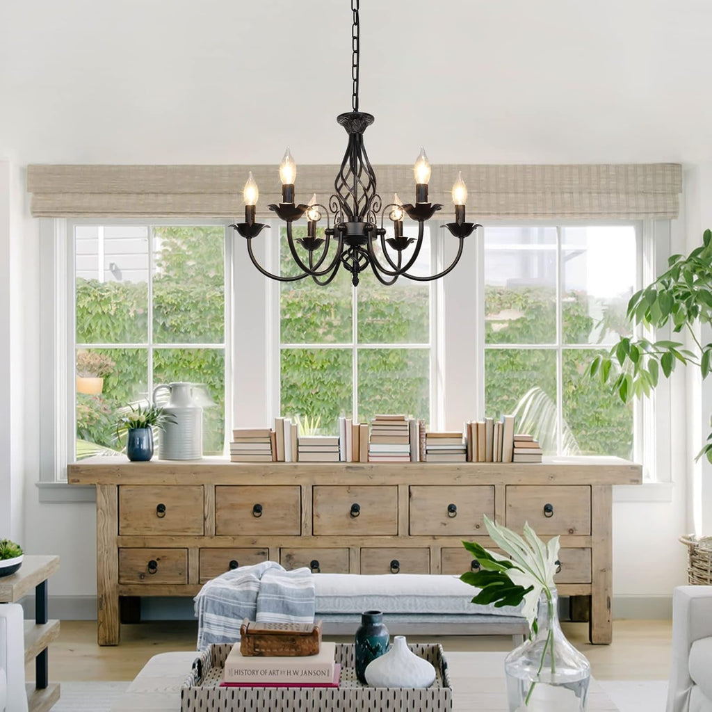 Six Light Matte Black Farmhouse Ceiling Chandelier Fixture