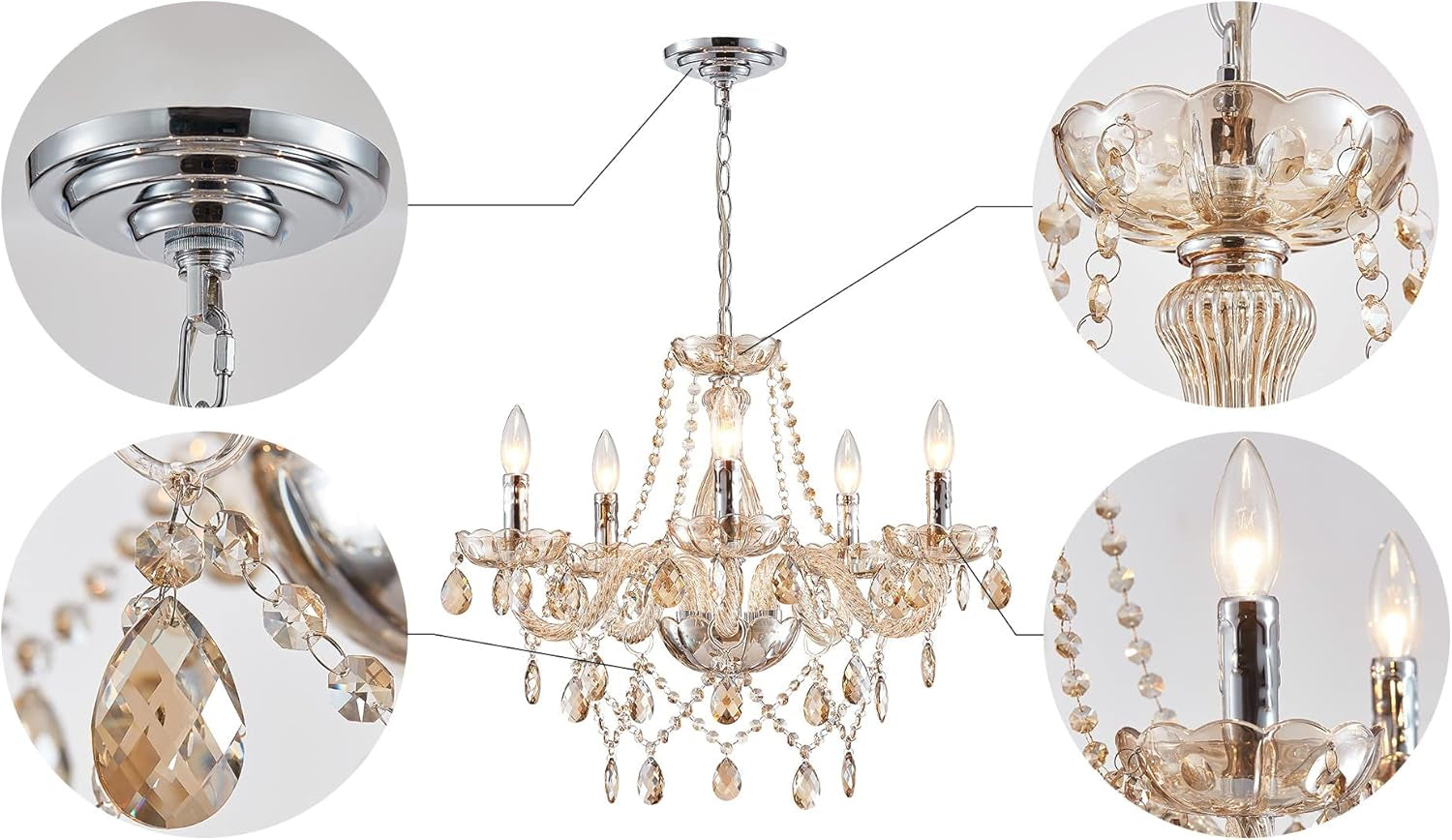 Champagne Crystal Chandelier 5 Light Modern Bedroom