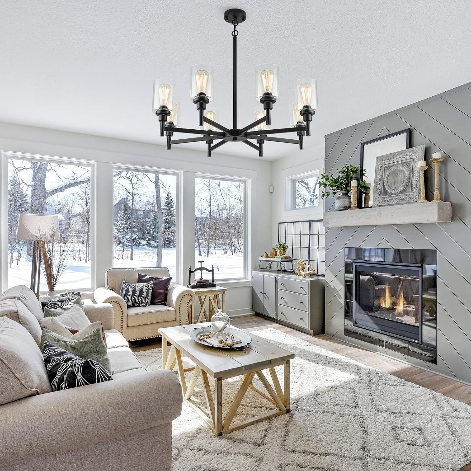 Black 8 Light Chandelier For Dining Room Glass Shades