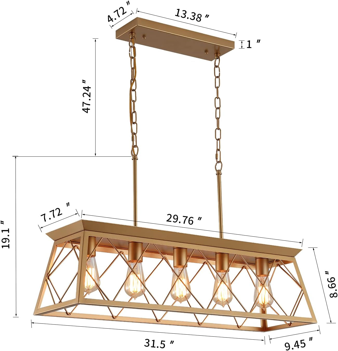 Gold 5 Light Farmhouse Chandelier Linear Ceiling Light