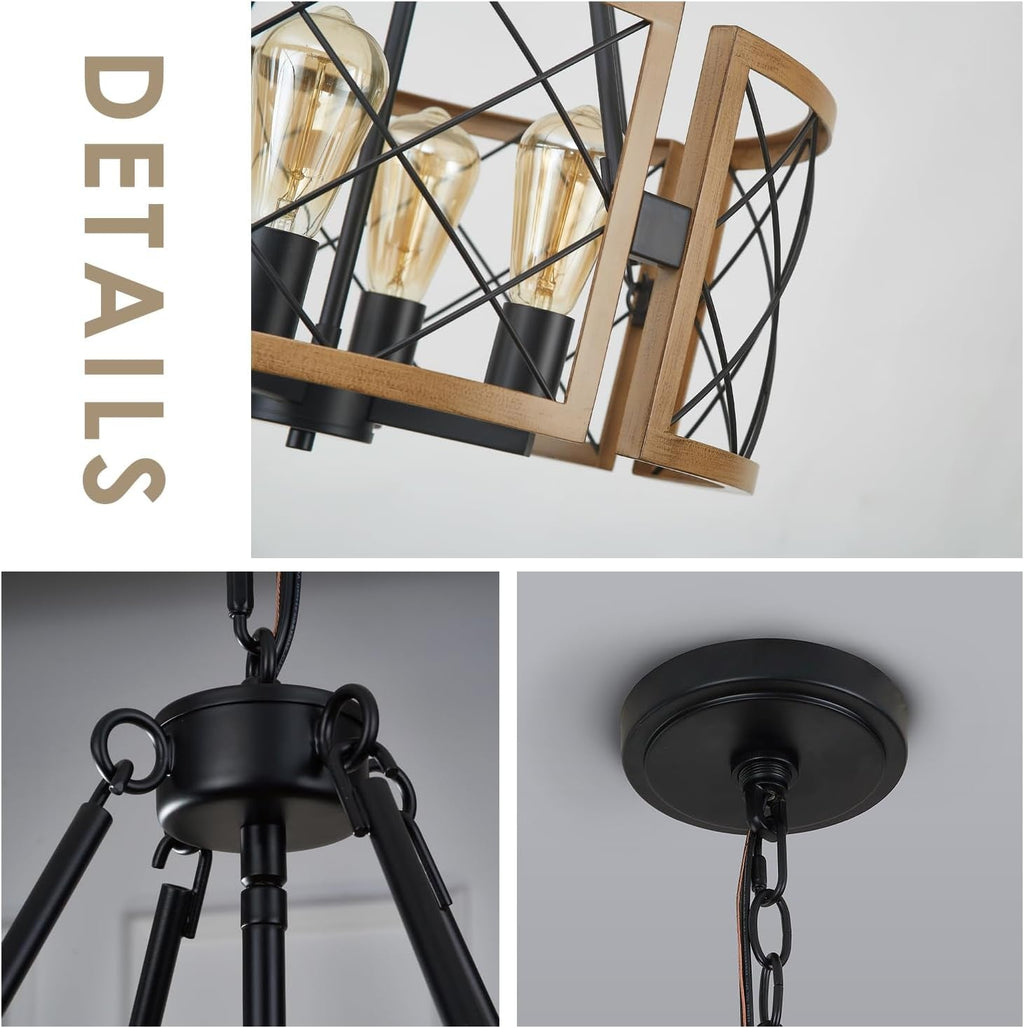 D19 Inch Farmhouse Chandelier 4 Light Pendant Black Oak