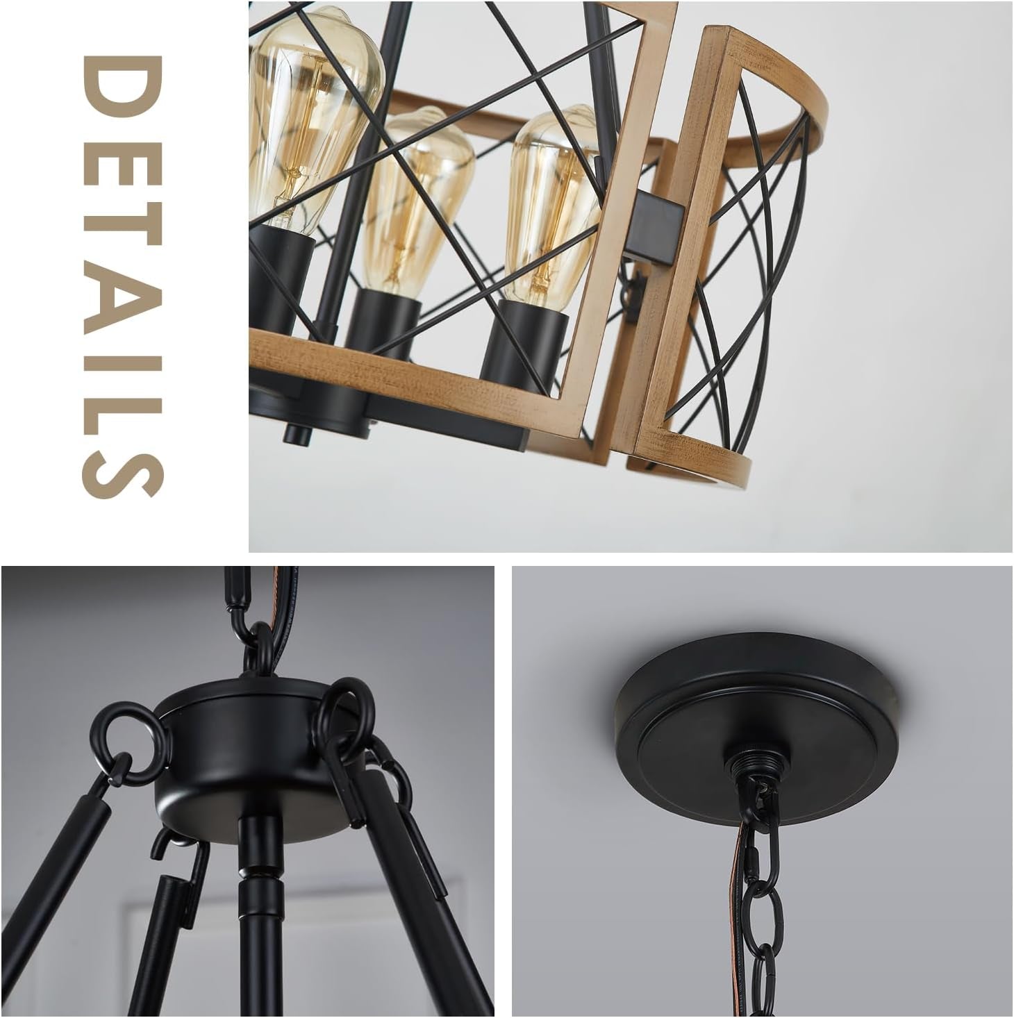 D19 Inch Farmhouse Chandelier 4 Light Pendant Black Oak