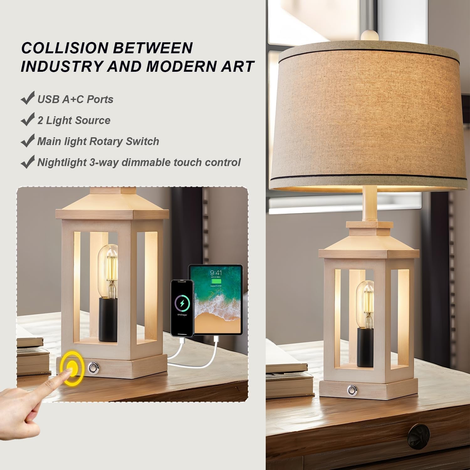 White Farmhouse Table Lamp Set With Dimmable Touch Control