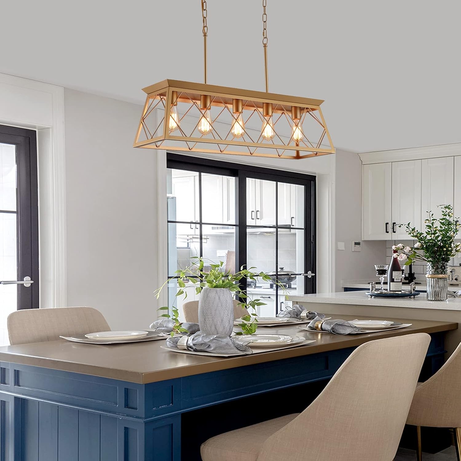 Gold 5 Light Farmhouse Chandelier Linear Ceiling Light